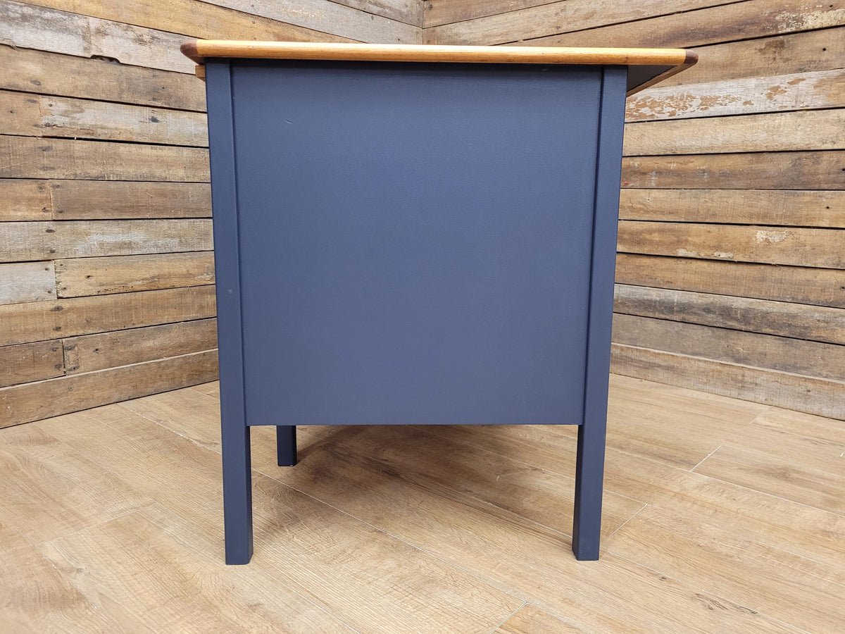 Vintage Teak Veneer Pedestal Desk Midnight Blue Three Drawers
