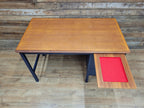 Vintage Teak Veneer Pedestal Desk Midnight Blue Three Drawers