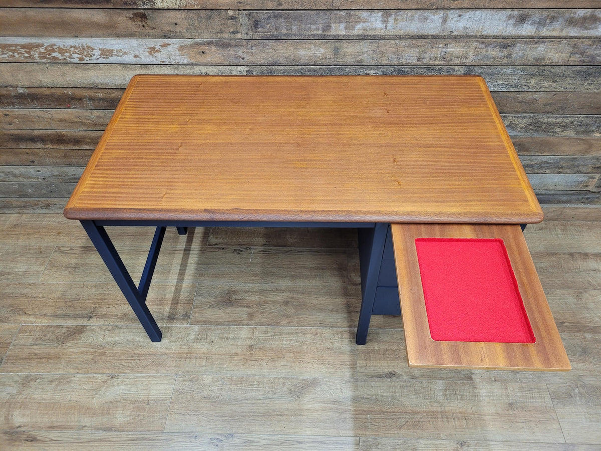 Vintage Teak Veneer Pedestal Desk Midnight Blue Three Drawers