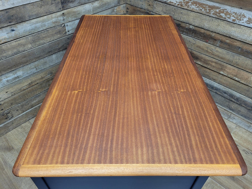 Vintage Teak Veneer Pedestal Desk Midnight Blue Three Drawers