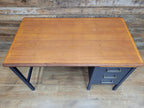 Vintage Teak Veneer Pedestal Desk Midnight Blue Three Drawers