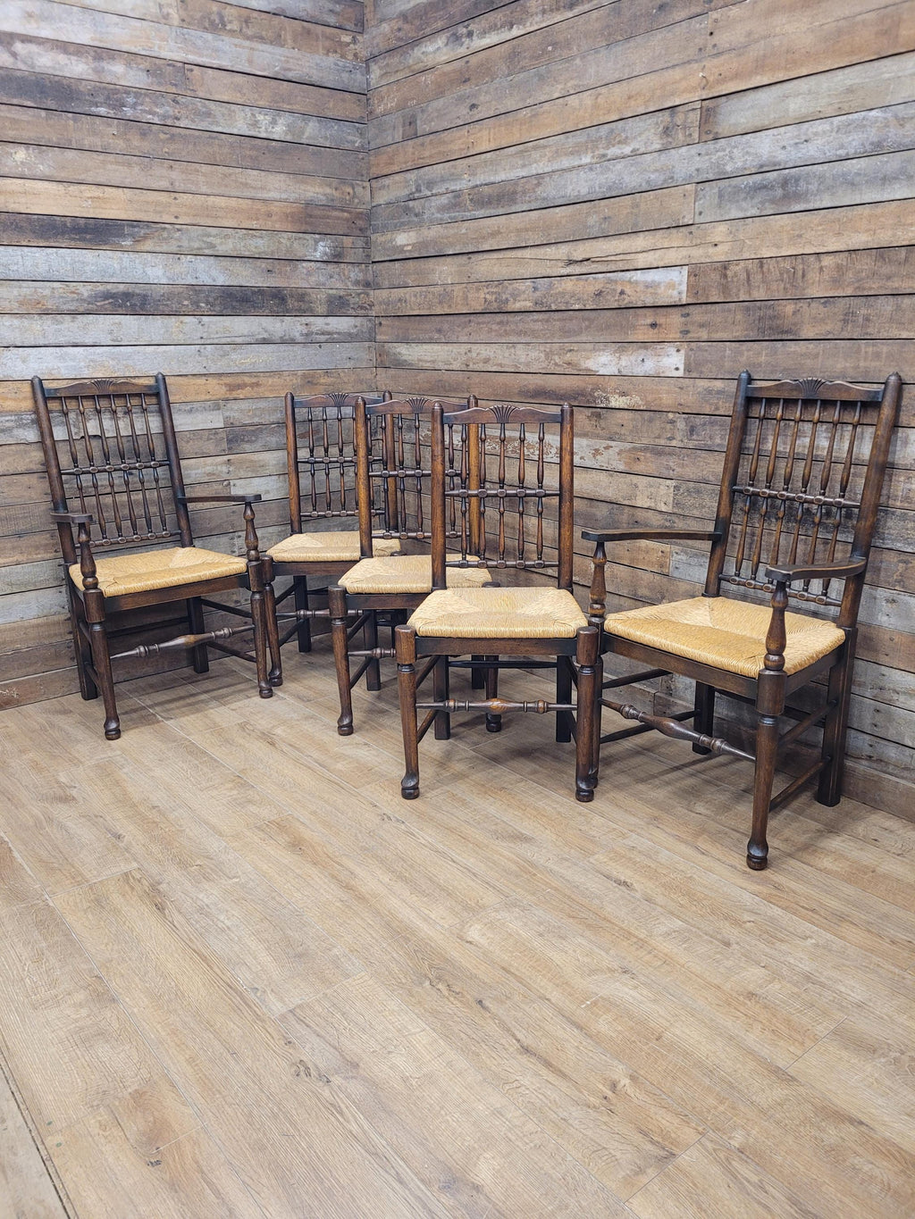 Five Vintage Lancashire Style Oak Rush Seat Dining Chairs