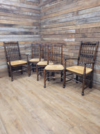 Five Vintage Lancashire Style Oak Rush Seat Dining Chairs