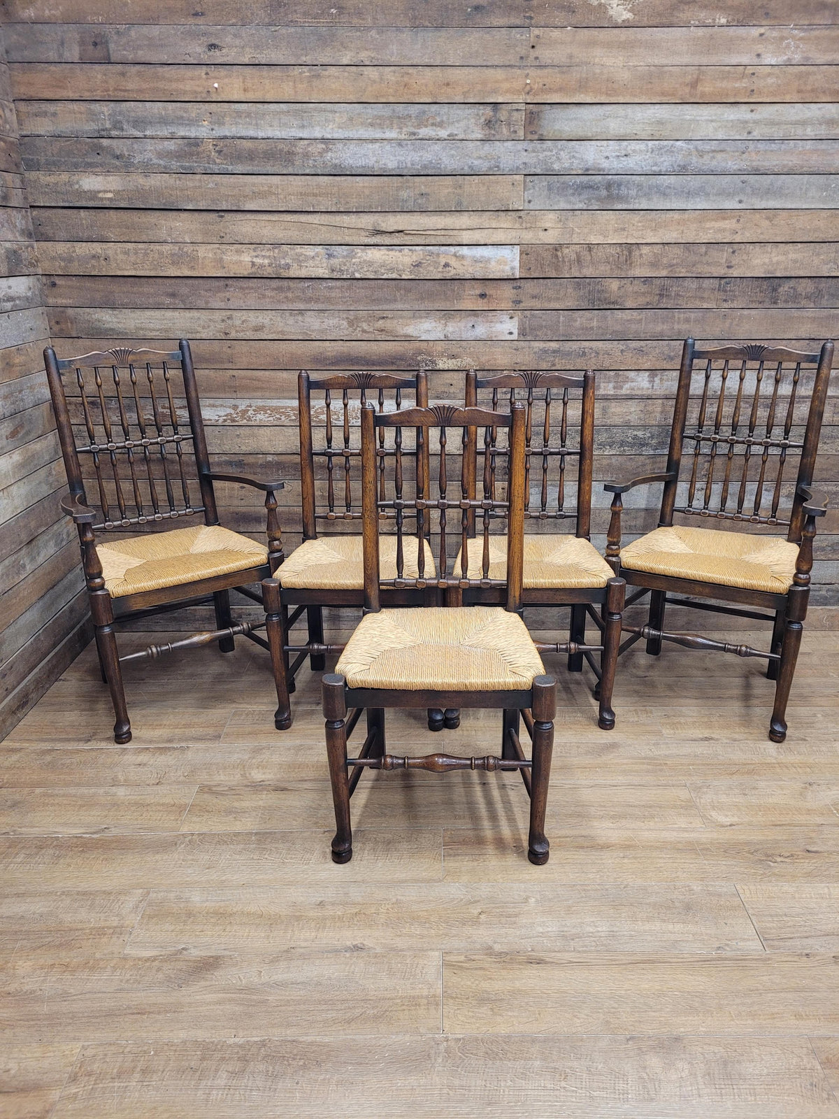 Five Vintage Lancashire Style Oak Rush Seat Dining Chairs