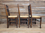 Five Vintage Lancashire Style Oak Rush Seat Dining Chairs