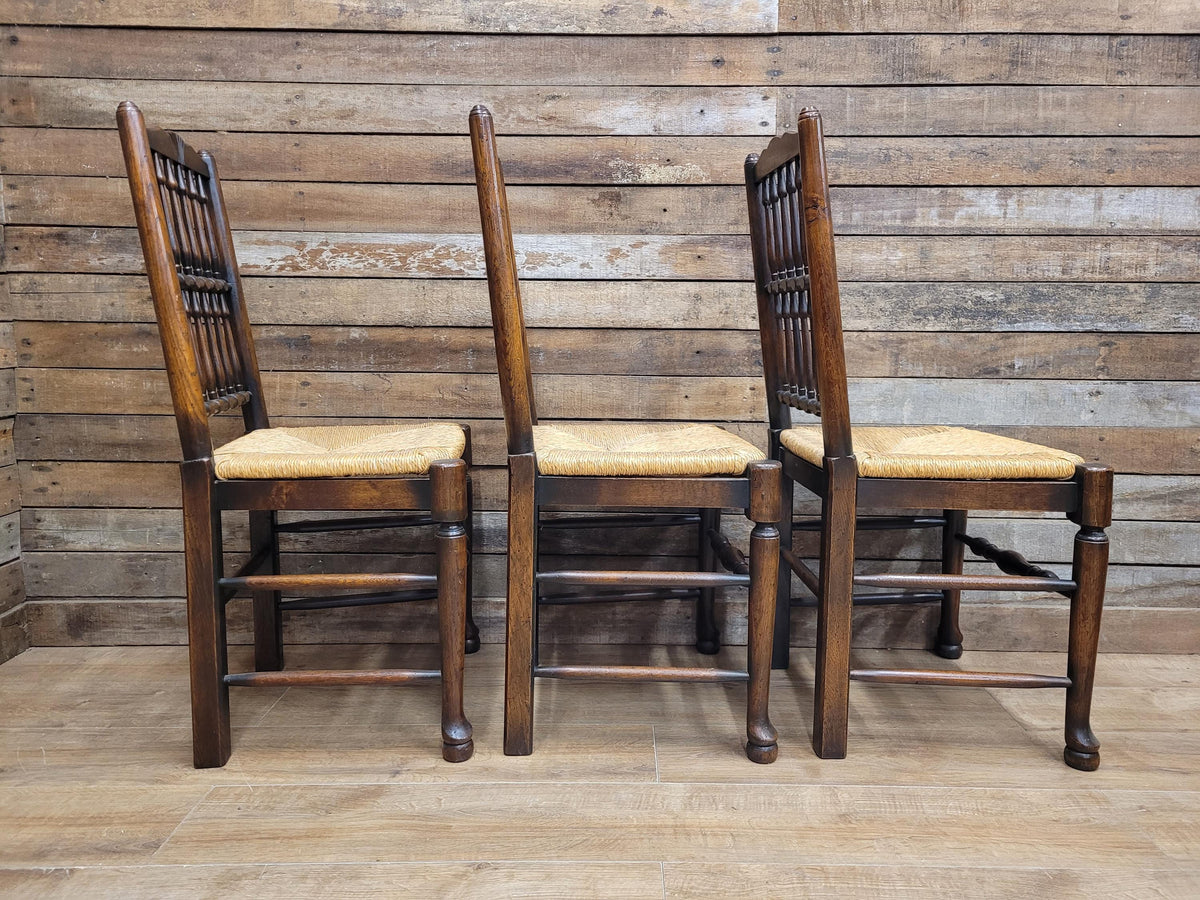 Five Vintage Lancashire Style Oak Rush Seat Dining Chairs