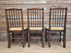 Five Vintage Lancashire Style Oak Rush Seat Dining Chairs