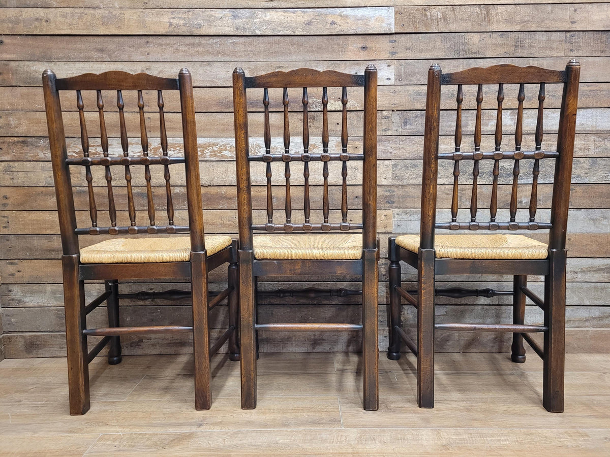 Five Vintage Lancashire Style Oak Rush Seat Dining Chairs
