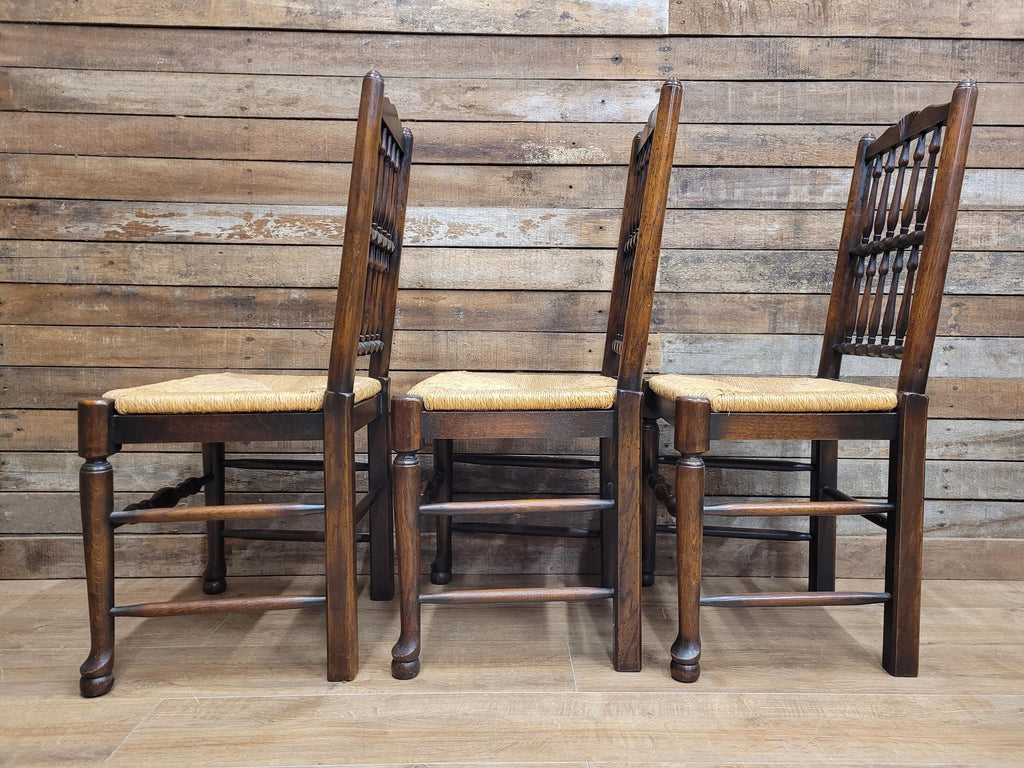 Five Vintage Lancashire Style Oak Rush Seat Dining Chairs