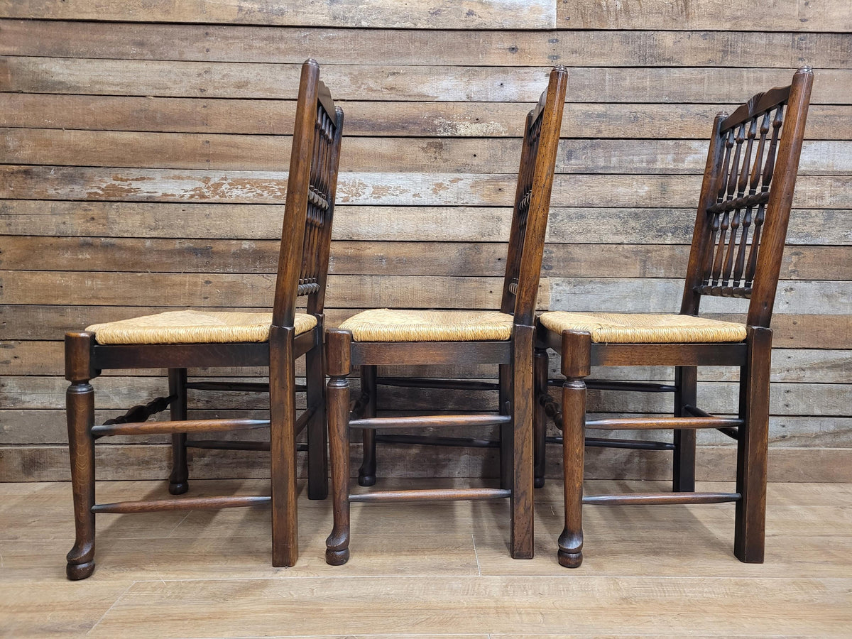 Five Vintage Lancashire Style Oak Rush Seat Dining Chairs