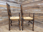 Five Vintage Lancashire Style Oak Rush Seat Dining Chairs