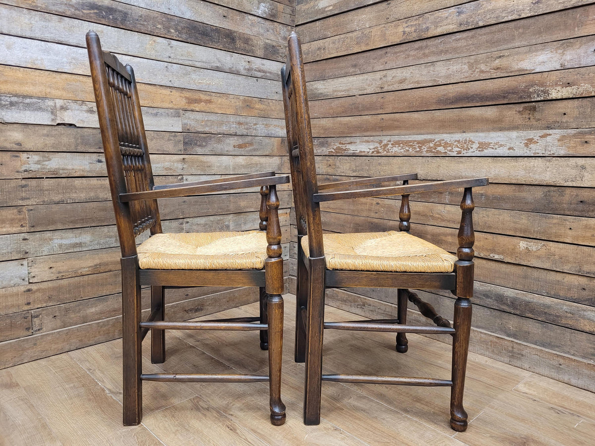 Five Vintage Lancashire Style Oak Rush Seat Dining Chairs