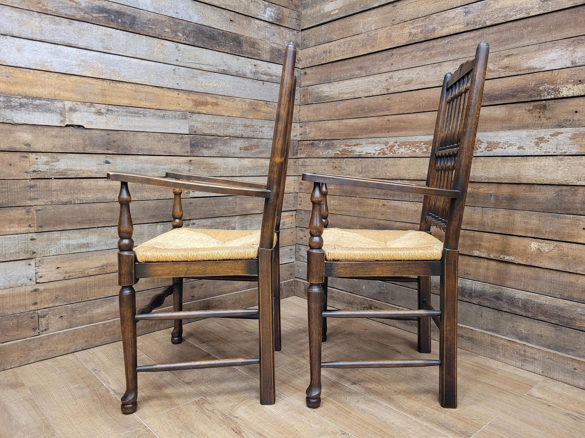 Five Vintage Lancashire Style Oak Rush Seat Dining Chairs