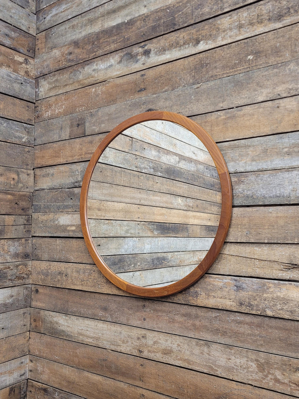 Vintage Round Afrormosia Teak Wall Mirror Mid Century Segmented Frame