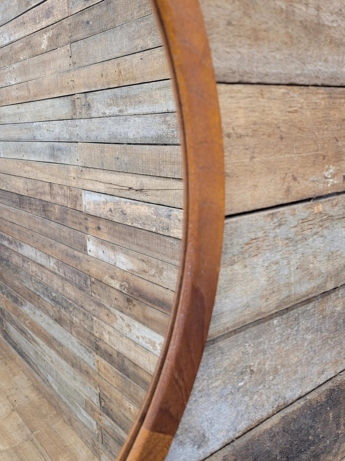 Vintage Round Afrormosia Teak Wall Mirror Mid Century Segmented Frame