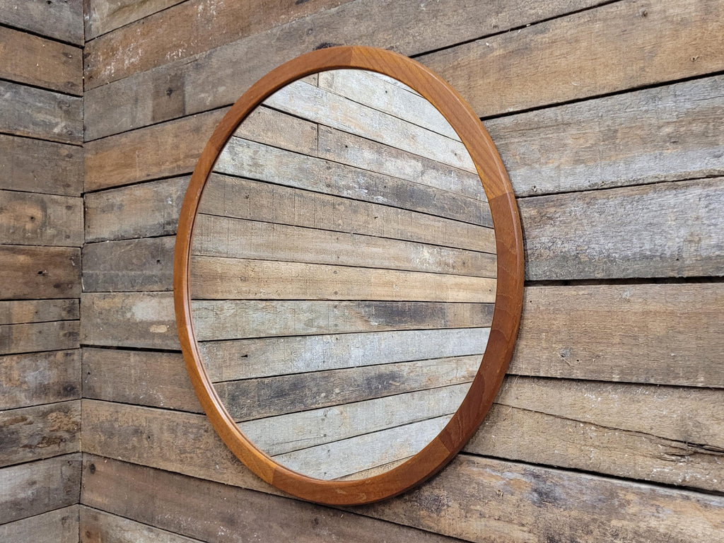 Vintage Round Afrormosia Teak Wall Mirror Mid Century Segmented Frame