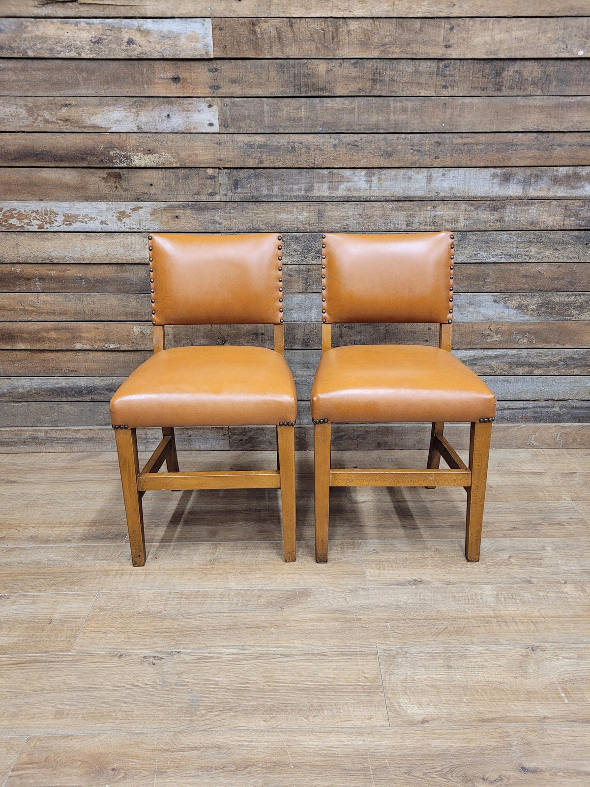 Pair Vintage Dining Chairs Tan Faux Leather Studded Wooden Frames