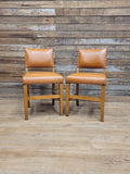 Pair Vintage Dining Chairs Tan Faux Leather Studded Wooden Frames