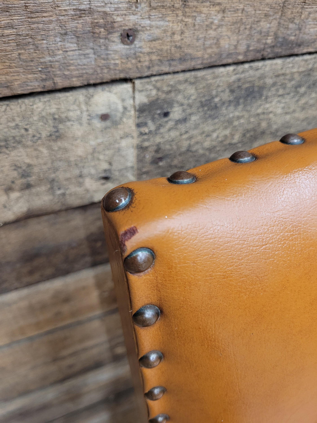 Pair Vintage Dining Chairs Tan Faux Leather Studded Wooden Frames