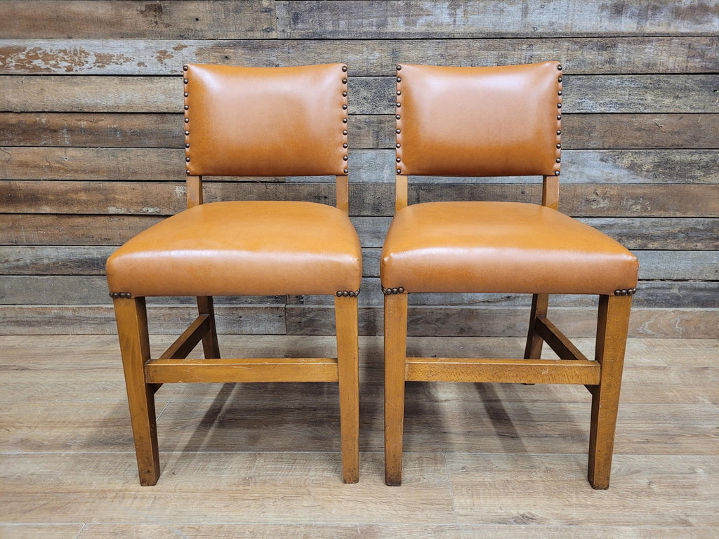 Pair Vintage Dining Chairs Tan Faux Leather Studded Wooden Frames