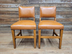 Pair Vintage Dining Chairs Tan Faux Leather Studded Wooden Frames