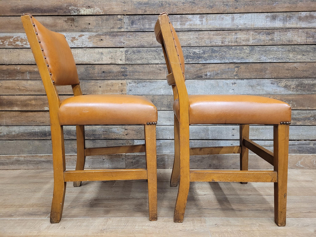 Pair Vintage Dining Chairs Tan Faux Leather Studded Wooden Frames
