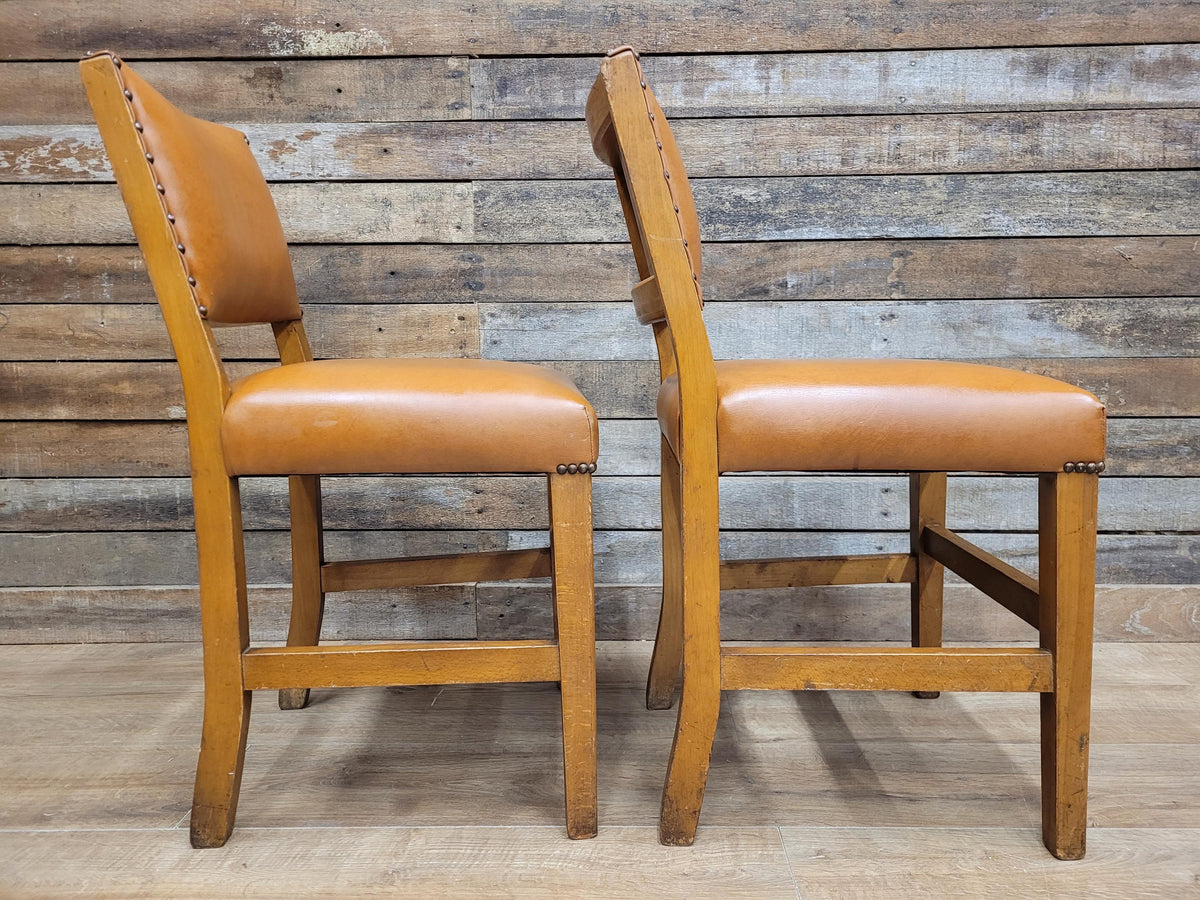 Pair Vintage Dining Chairs Tan Faux Leather Studded Wooden Frames