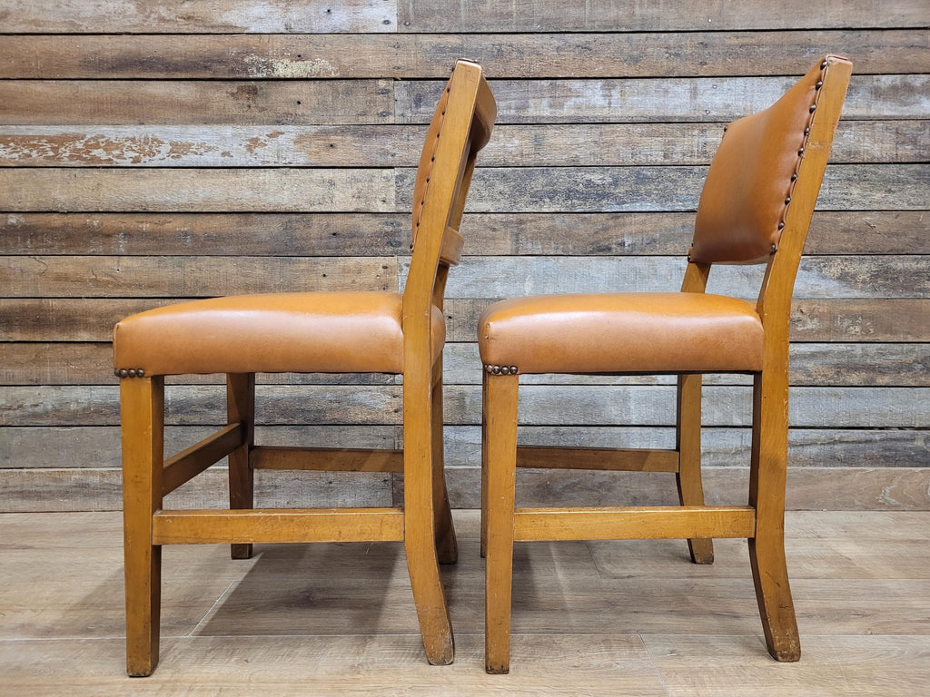 Pair Vintage Dining Chairs Tan Faux Leather Studded Wooden Frames