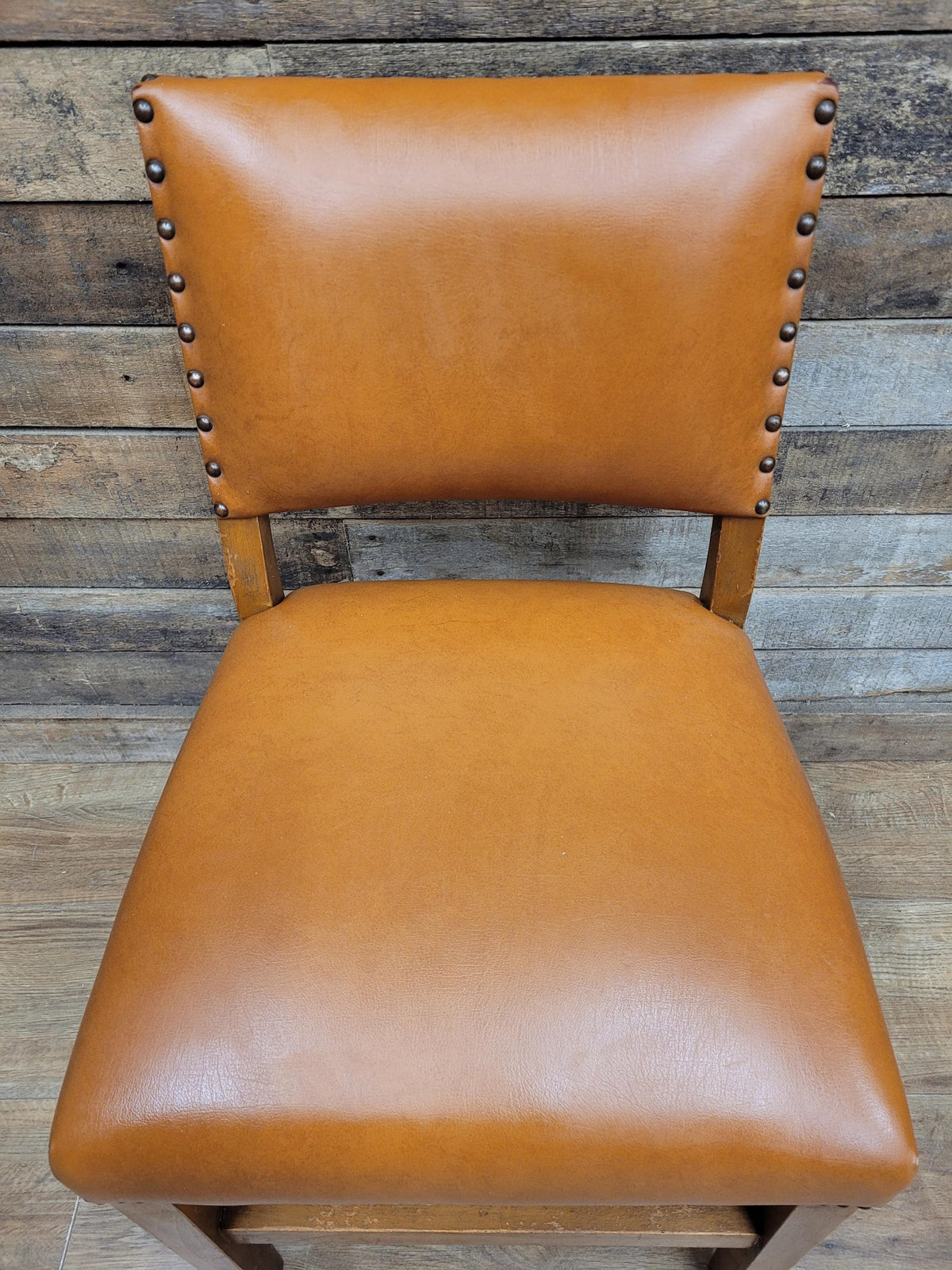 Pair Vintage Dining Chairs Tan Faux Leather Studded Wooden Frames