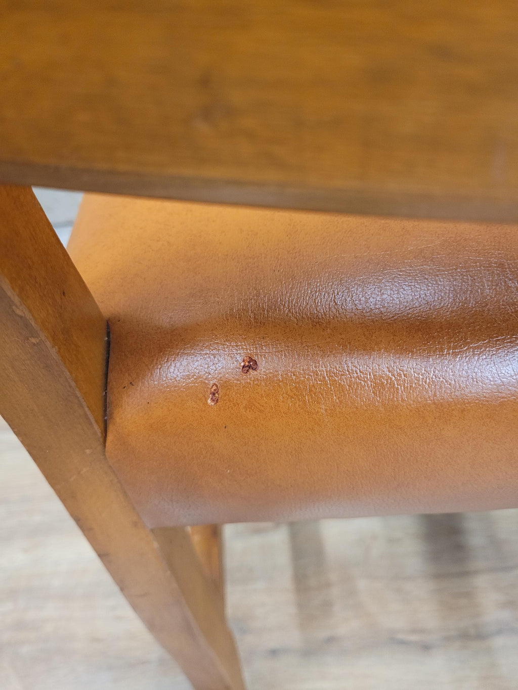 Pair Vintage Dining Chairs Tan Faux Leather Studded Wooden Frames