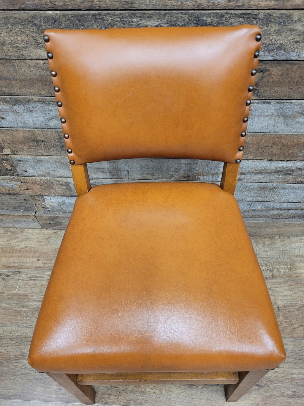 Pair Vintage Dining Chairs Tan Faux Leather Studded Wooden Frames