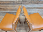 Pair Vintage Dining Chairs Tan Faux Leather Studded Wooden Frames