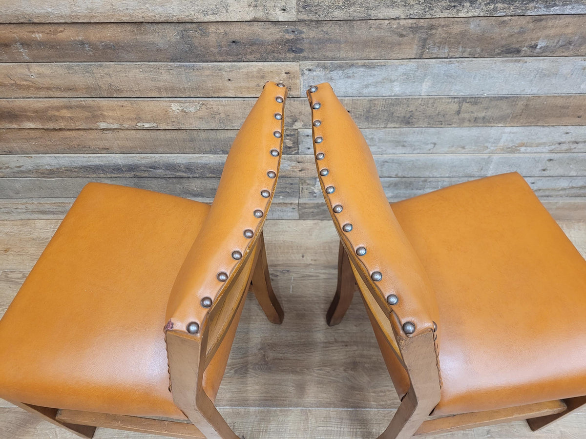 Pair Vintage Dining Chairs Tan Faux Leather Studded Wooden Frames