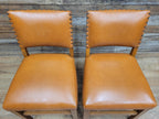 Pair Vintage Dining Chairs Tan Faux Leather Studded Wooden Frames