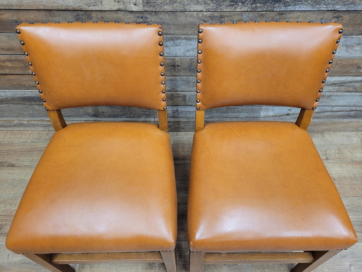 Pair Vintage Dining Chairs Tan Faux Leather Studded Wooden Frames