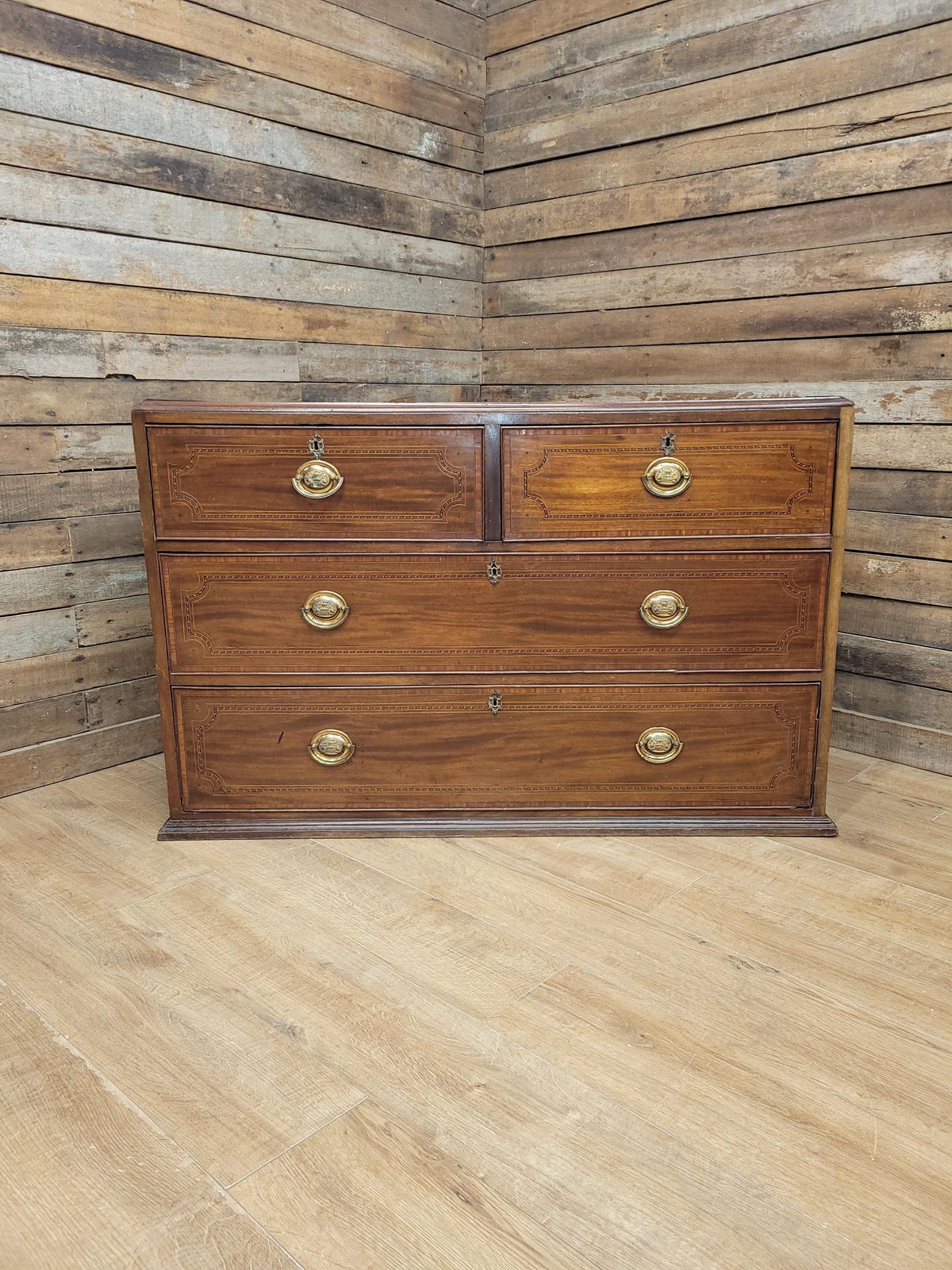 Antique Mahogany Chest Of Drawers Inlaid Brass Handles Plinth Base