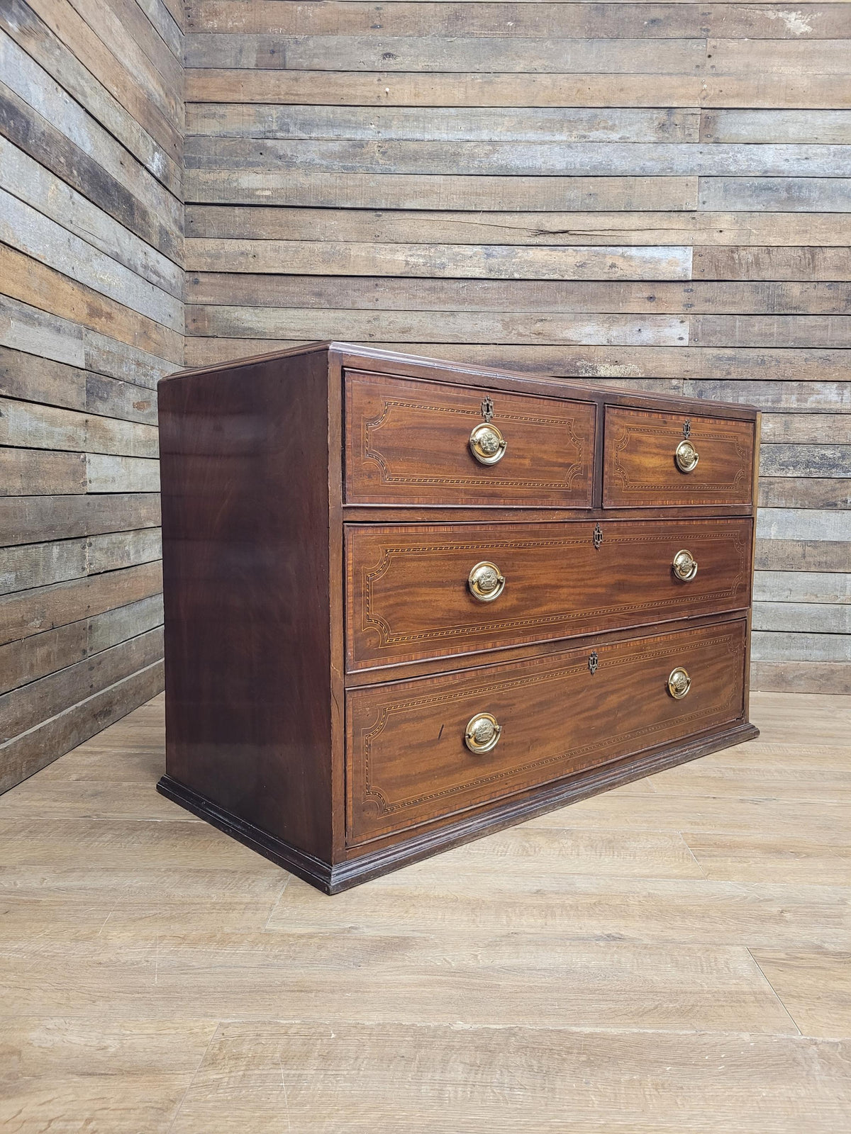 Antique Mahogany Chest Of Drawers Inlaid Brass Handles Plinth Base