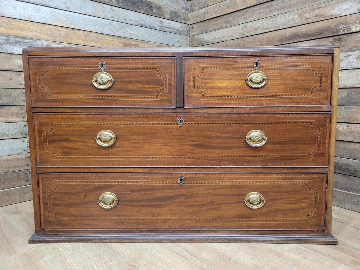 Antique Mahogany Chest Of Drawers Inlaid Brass Handles Plinth Base