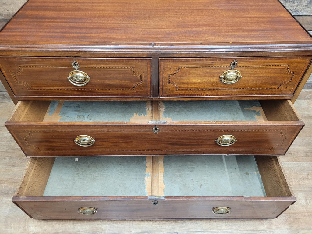 Antique Mahogany Chest Of Drawers Inlaid Brass Handles Plinth Base