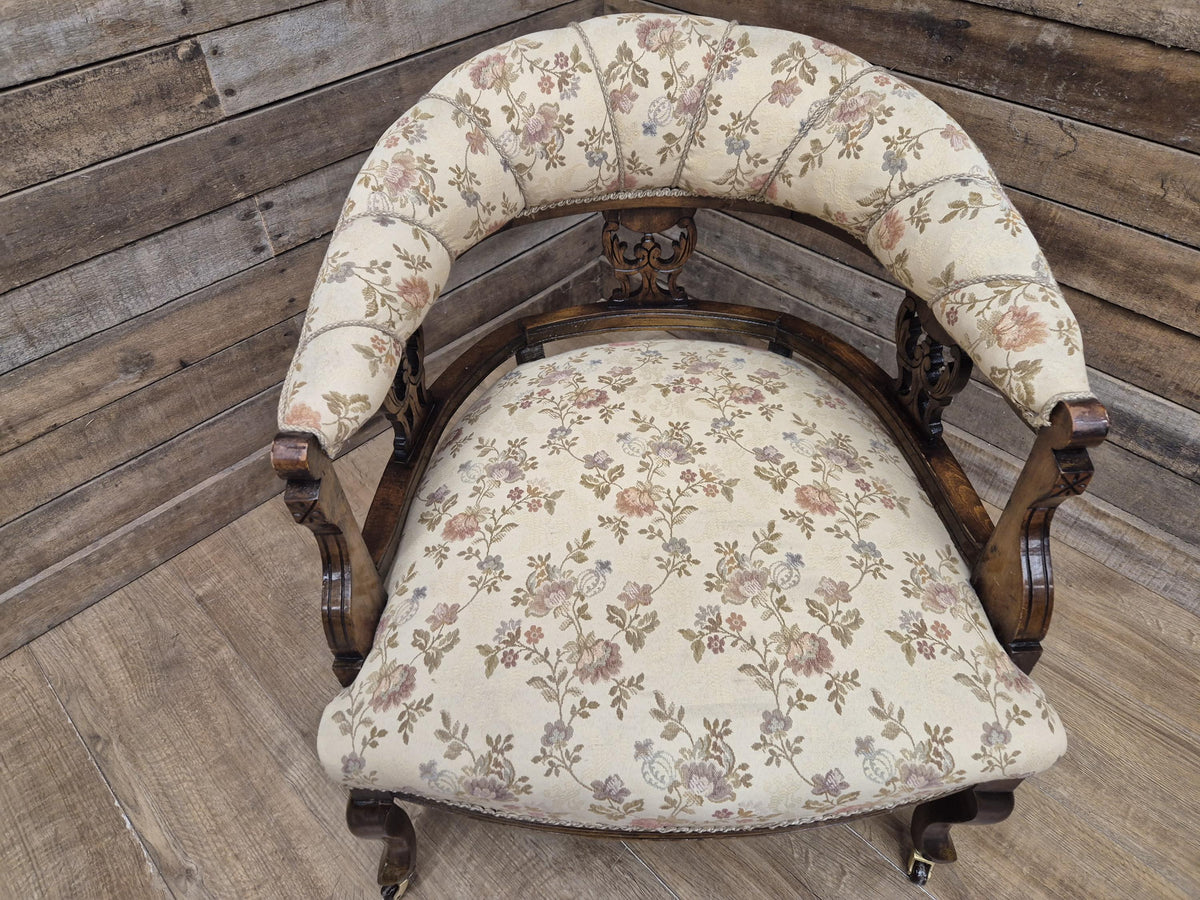 Antique Captains Desk Tub Chair Smokers Bow Back Floral Upholstery