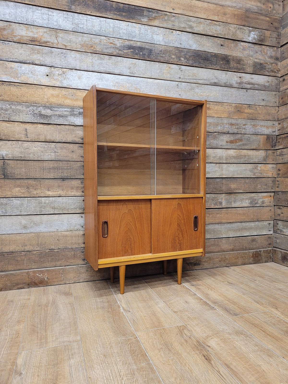 Slim Mid Century Teak Glazed Bookcase Compact Display Cabinet Sliding Doors