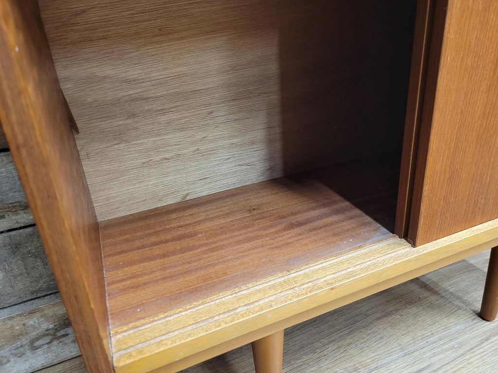 Slim Mid Century Teak Glazed Bookcase Compact Display Cabinet Sliding Doors