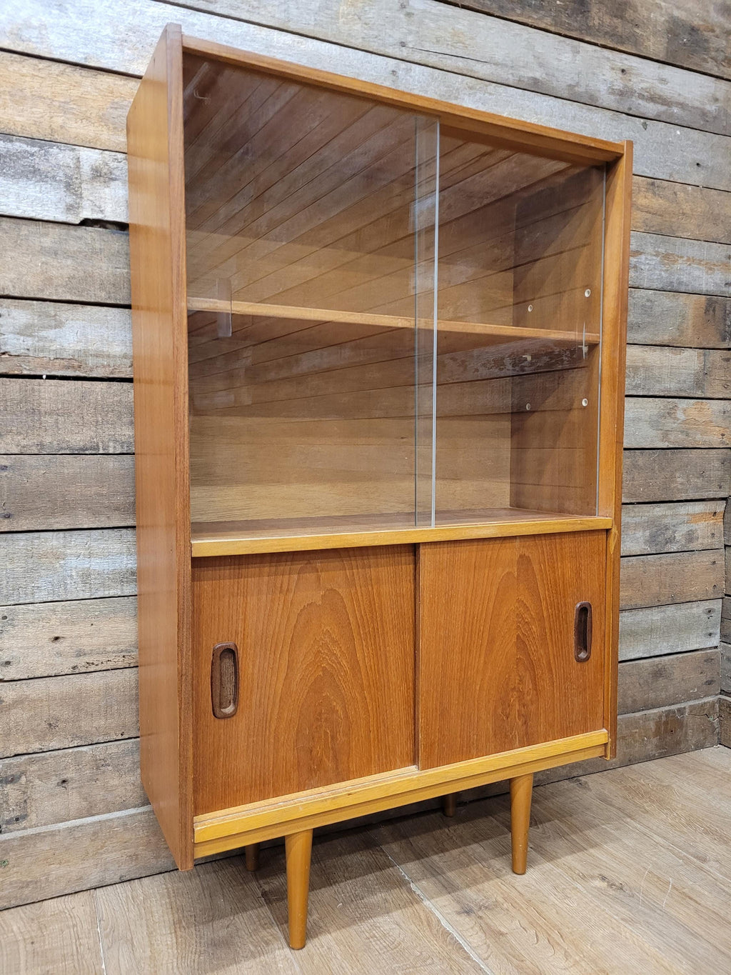 Slim Mid Century Teak Glazed Bookcase Compact Display Cabinet Sliding Doors