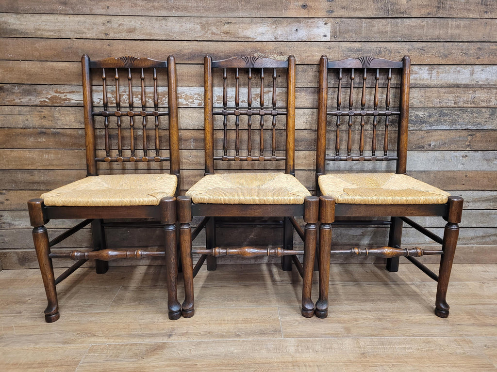 Five Vintage Lancashire Style Oak Rush Seat Dining Chairs