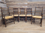 Five Vintage Lancashire Style Oak Rush Seat Dining Chairs