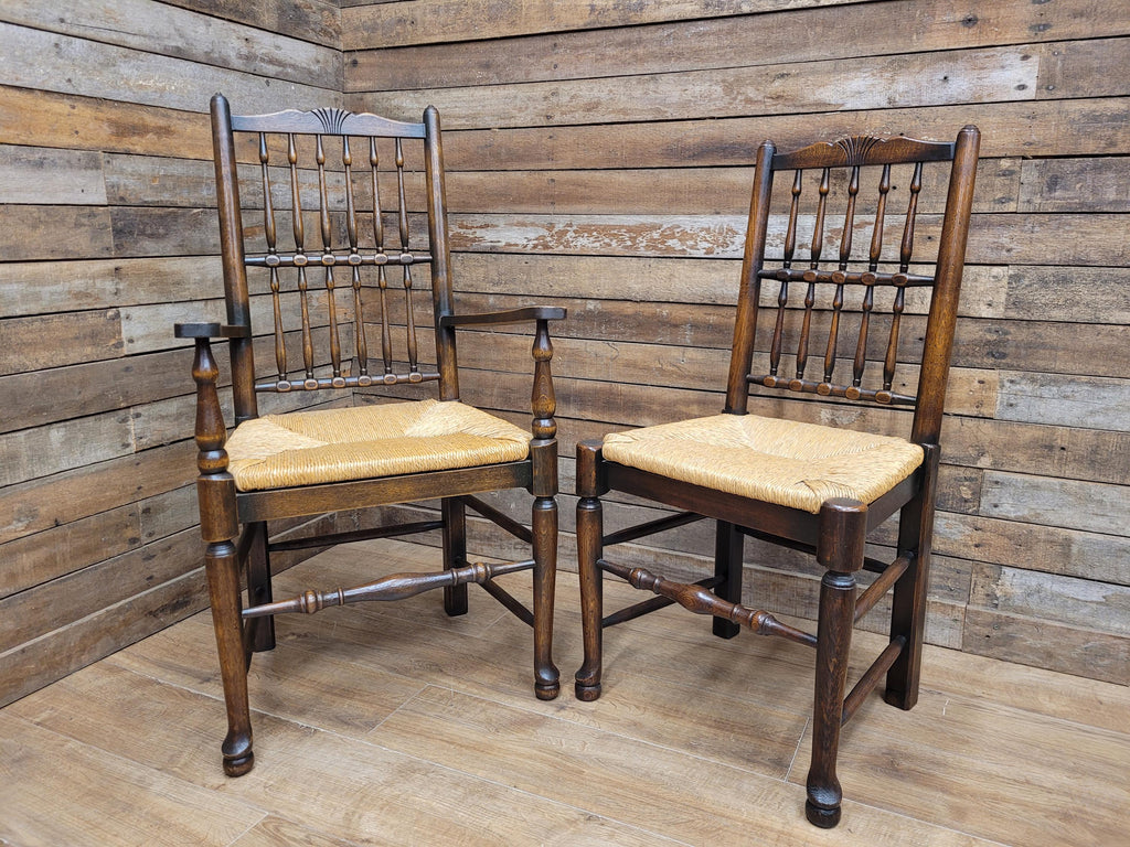 Five Vintage Lancashire Style Oak Rush Seat Dining Chairs