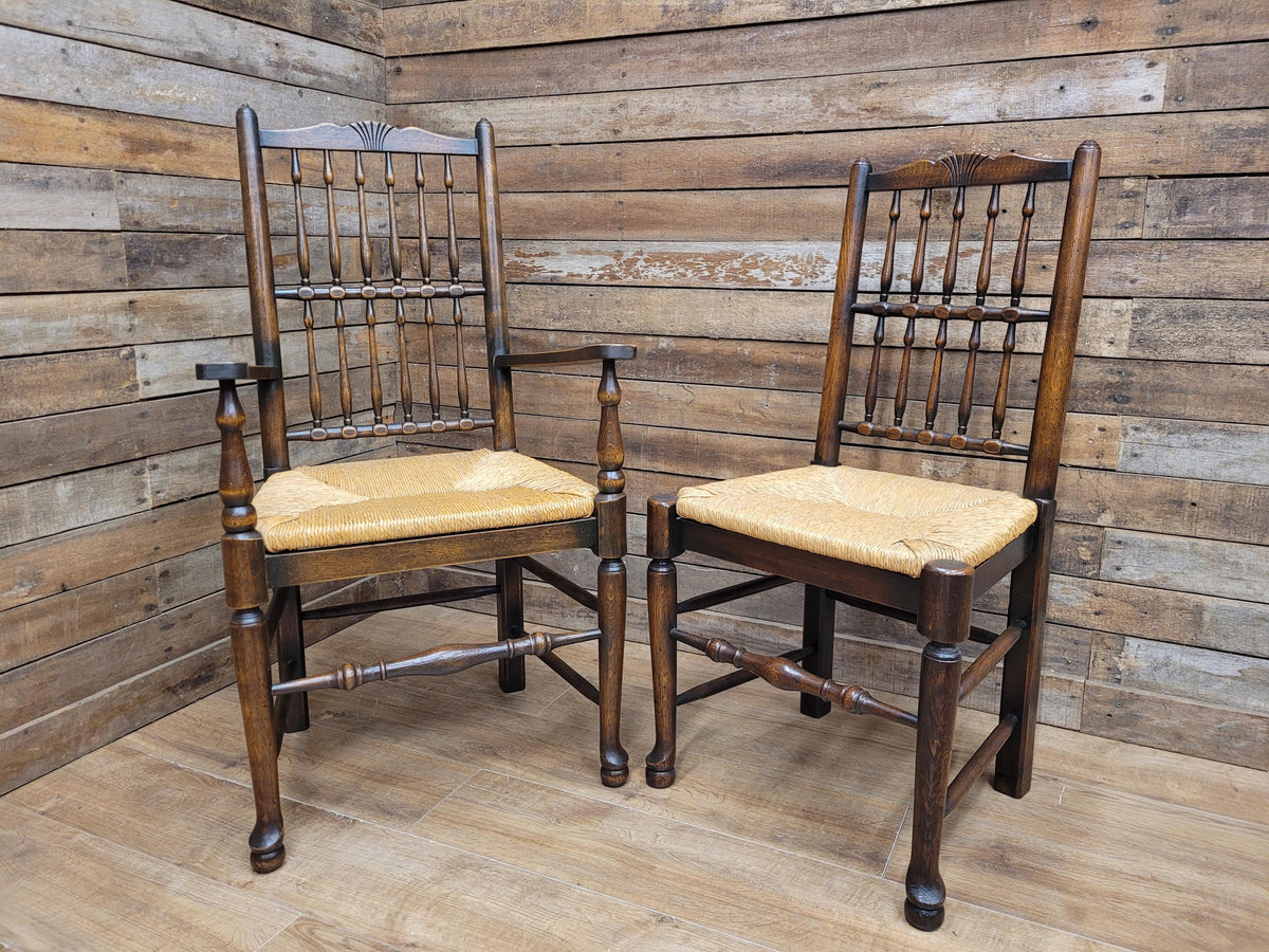 Five Vintage Lancashire Style Oak Rush Seat Dining Chairs