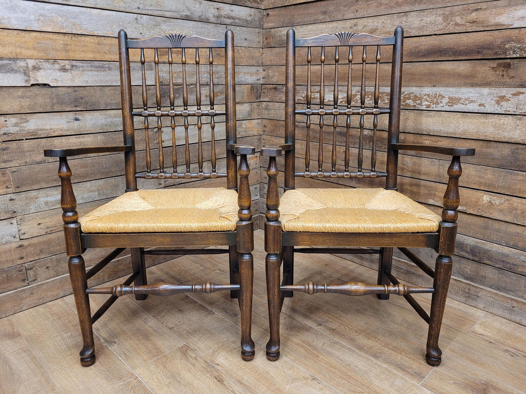 Five Vintage Lancashire Style Oak Rush Seat Dining Chairs