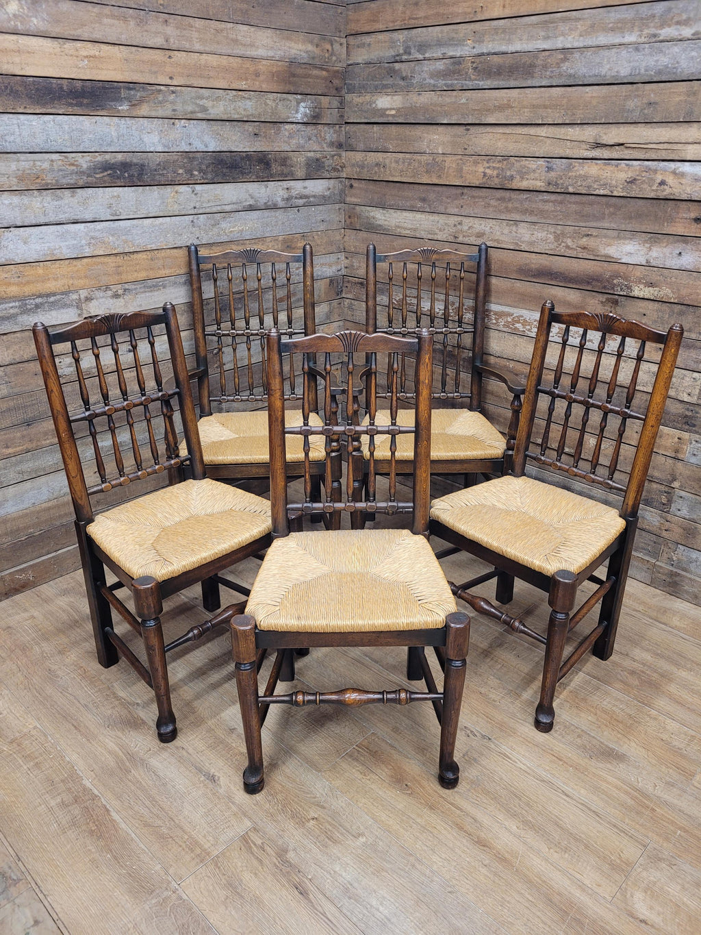 Five Vintage Lancashire Style Oak Rush Seat Dining Chairs