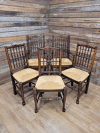 Five Vintage Lancashire Style Oak Rush Seat Dining Chairs